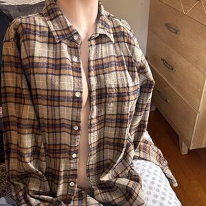 Eddie Bauer Tan and Blue Plaid Casual Shirt
